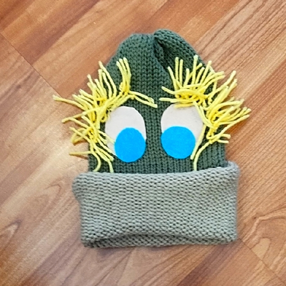Fun Green Knit Hat with Yellow Fringe adults and child sz Beanie yarn handmade